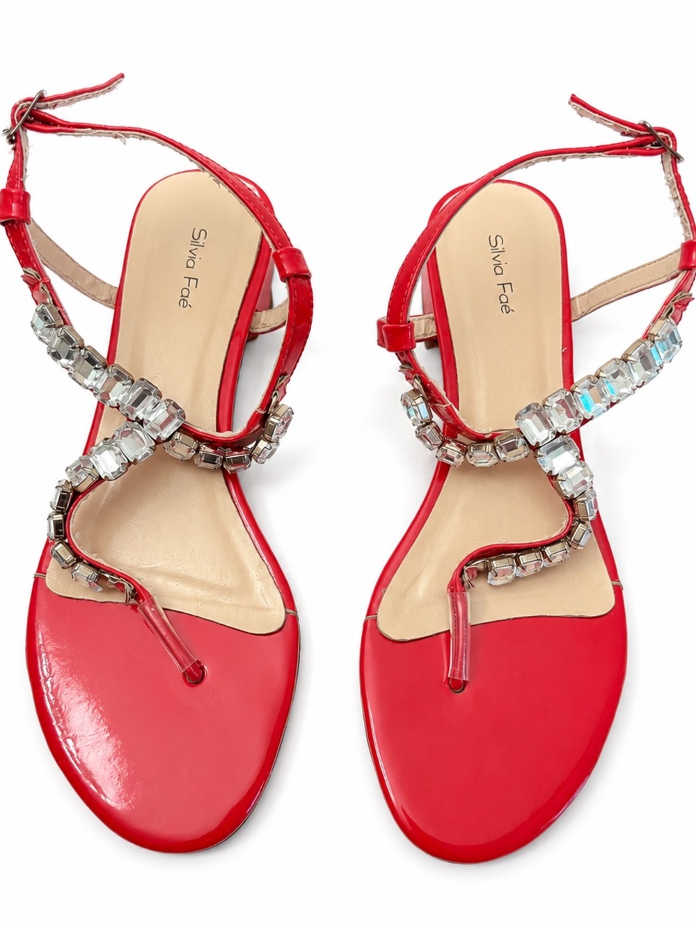 Silvia Faé Red Crystal Embellished T-Strap Sandals Heels Size 10